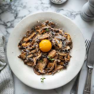 Pan-fried mushrooms with miso and egg yolk