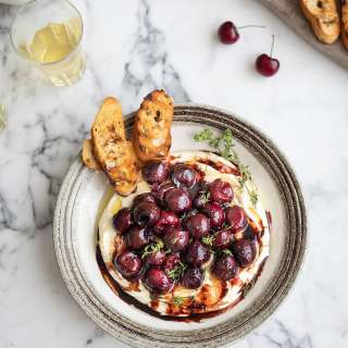 Roast cherries and whipped goat's cheese dip