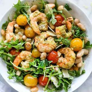 Arugula Salad with Pesto Shrimp, Parmesan and White Beans
