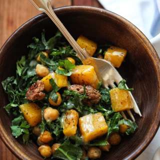 Kale Salad with Butternut Squash, Chickpeas and Tahini Dressing