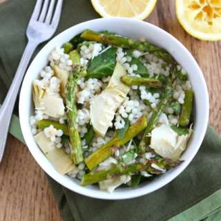 Israeli Couscous Salad with Roasted Asparagus, Artichokes, & Spinach