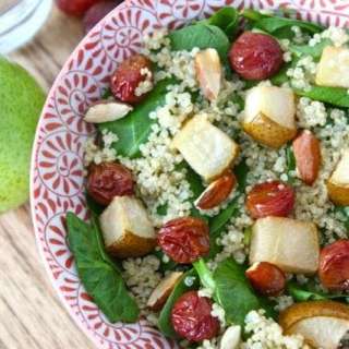 Spinach Quinoa Salad with Roasted Grapes, Pears, & Almonds