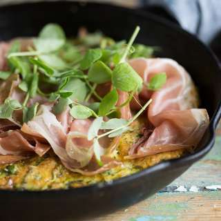 Shaved asparagus and pea frittata with mint and parma ham