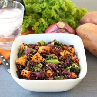 Quinoa Salad with Roasted Sweet Potatoes, Kale, Dried Cranberries, & Red Onion