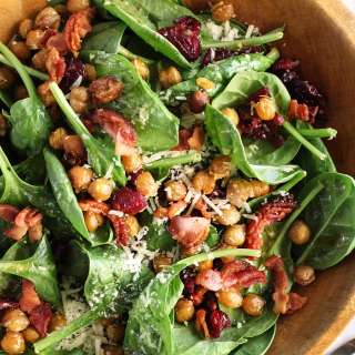 Spinach Salad with Hot Bacon Dressing and Roasted Chickpeas