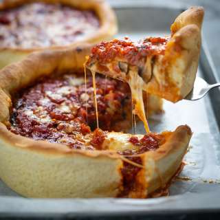 Chicago deep dish pizza with mushrooms, bacon & Cheddar