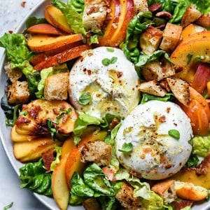 Peach Panzanella Salad with Burrata and Bacon