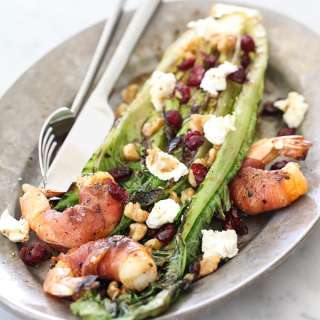 Grilled Romaine Salad with Prosciutto Wrapped Shrimp