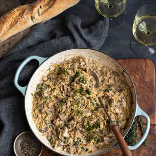Creamy one-pan orzo with chicken, mushroom & spinach