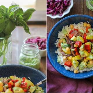 Roasted Summer Vegetable Burrito Bowls with Avocado-Basil Crema