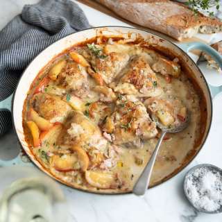 Creamy Chicken Braised in White Wine, Herbs with Pink Lady Apples