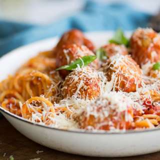 Chicken meatballs with spaghetti & marcella hazan's famous tomato sauce