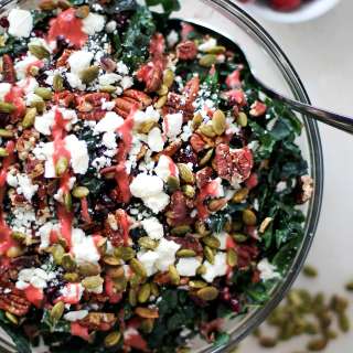 Cranberry Kale Salad with Roasted Pecans and Feta