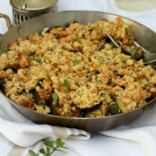 Roasted aubergine, courgette and mushroom crumble