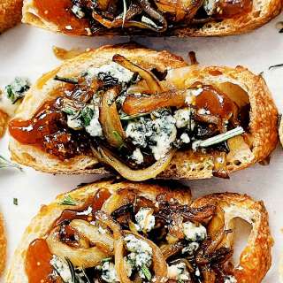 Caramelized Onion Crostini with Fig Jam and Blue Cheese
