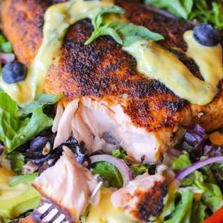 Crispy Jamaican Jerk Salmon with Mango-Basil Vinaigrette