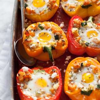 Baked Eggs in Stuffed Peppers with Butternut Squash Hash