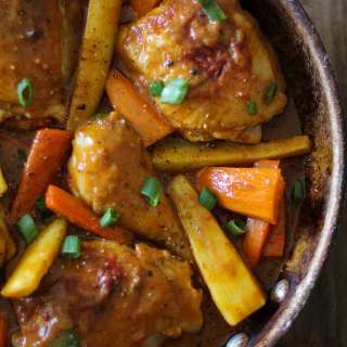 Coconut Harissa Curry Braised Chicken with Root Vegetables