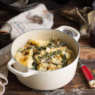 Creamy oven risotto with spinach, roasted cauliflower & sage