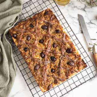 No-knead focaccia Shallot pissaladiere