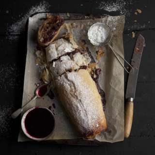 Boozy cherry and christmas pudding strudel with chocolate
