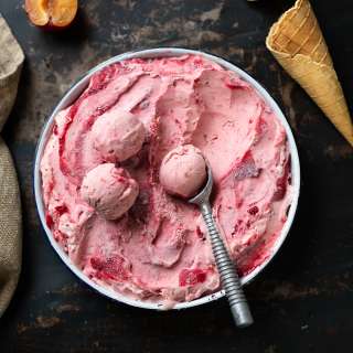 Roast plum ice cream with cinnamon & bay