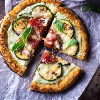 Cauliflower Pizza with Greek Yogurt Pesto and Grilled Veggies