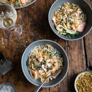 Creamy salmon pasta with spinach, capers & lemon