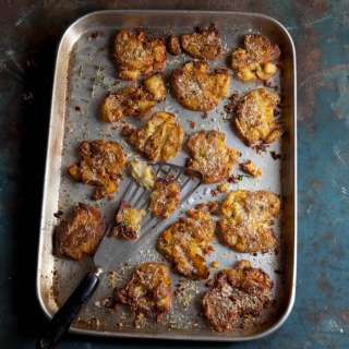 Roasted smashed new potatoes with Parmesan