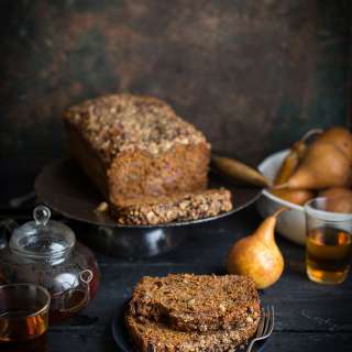 Pear and halva crumble loaf with pecans, honey & maple