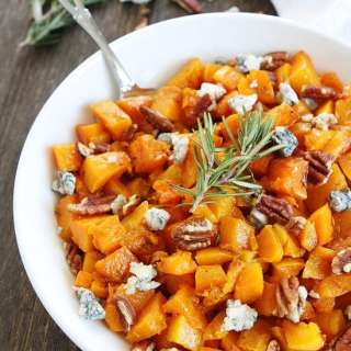 Roasted Butternut Squash with Balsamic, Blue Cheese, and Pecans