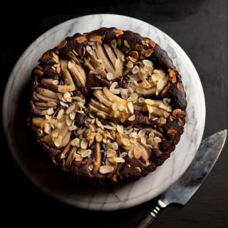 Chocolate and pear frangipane tart