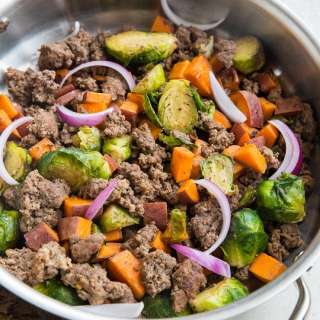 Ground Beef and Sweet Potato Skillet with Brussel Sprouts
