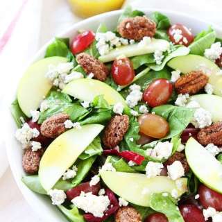 Apple, Grape, and Candied Pecan Salad with Maple-Mustard Dressing