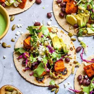 Roasted Sweet Potato Tacos with Brussels Sprout Slaw