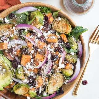 Roasted Sweet Potato and Brussel Sprout Salad with Cinnamon Balsamic Dressing