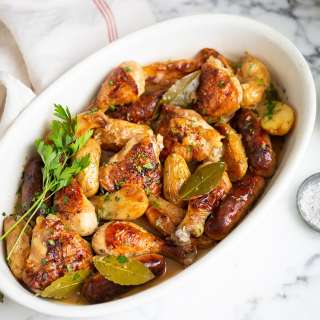 Roast chicken, sausage and potato tray roast