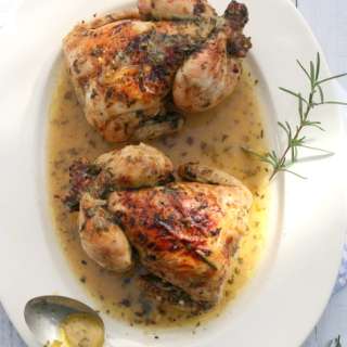 Baby chickens roasted in wine and herbs