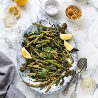 Roasted broccoli, bean and burrata salad with lemon.