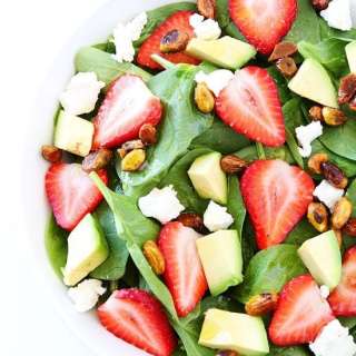 Strawberry Spinach Salad with Avocado, Goat Cheese, and Candied Pistachios