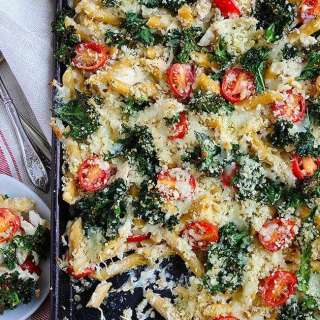Sheet Pan Pasta Bake with Chicken and Kale