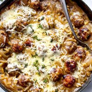 French Onion Orzo with Meatballs