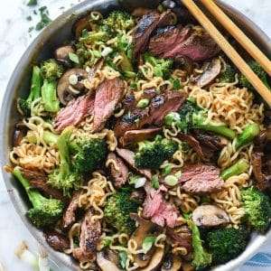 Ramen Noodles with Marinated Steak and Broccoli
