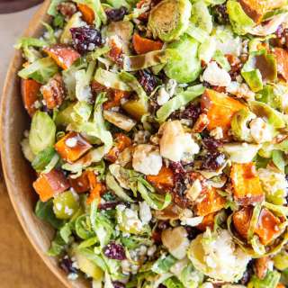 Shredded Brussel Sprout Salad with Roasted Sweet Potatoes