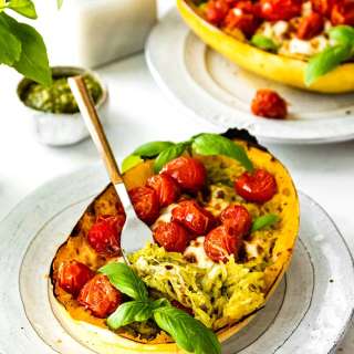 Spaghetti Squash with Pesto, Mozzarella, & Roasted Tomatoes