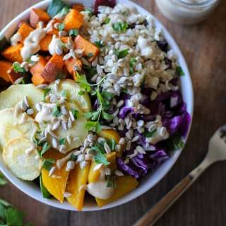 Roasted Root Vegetable Buddha Bowls with Maple Cinnamon Tahini Dressing