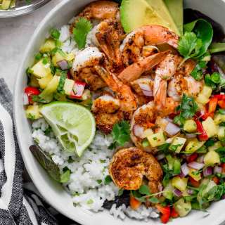 Shrimp Bowls with Coconut Cilantro Lime Rice & Pineapple Salsa