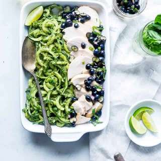 Blueberry Honey Lime Chicken with Avocado Pesto Cucumber Noodles