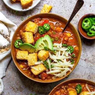 Pumpkin Chili with Cornbread Croutons