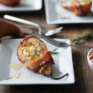 Bacon Wrapped Roasted Pears with Goat Cheese and Honey